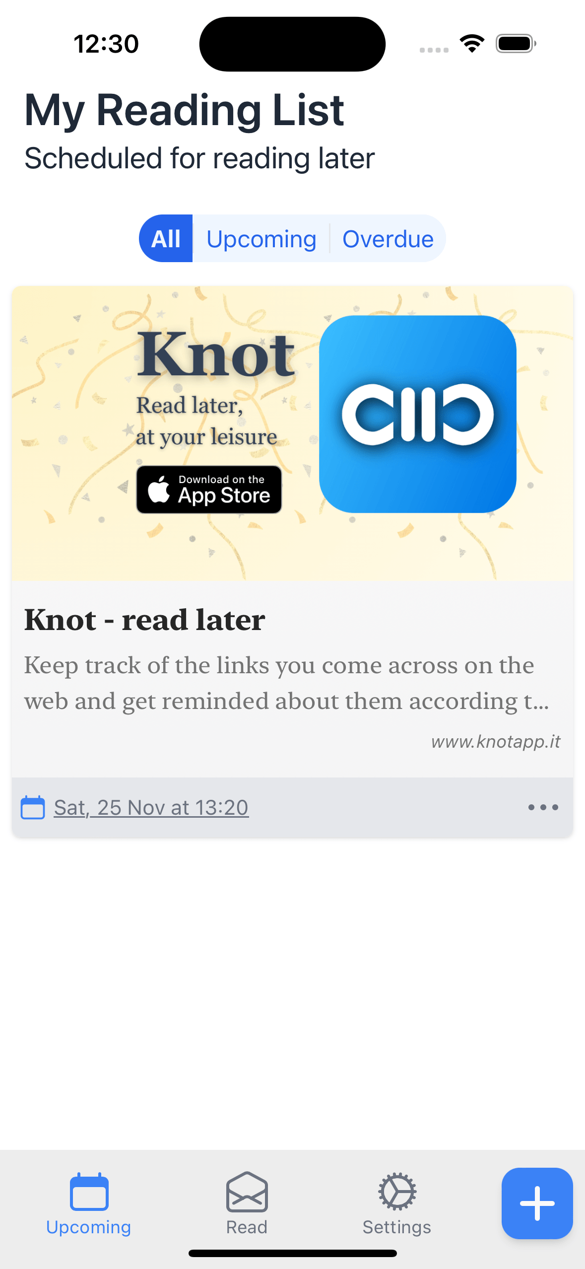 Knot screenshot showing this landing page bookmarked in the app